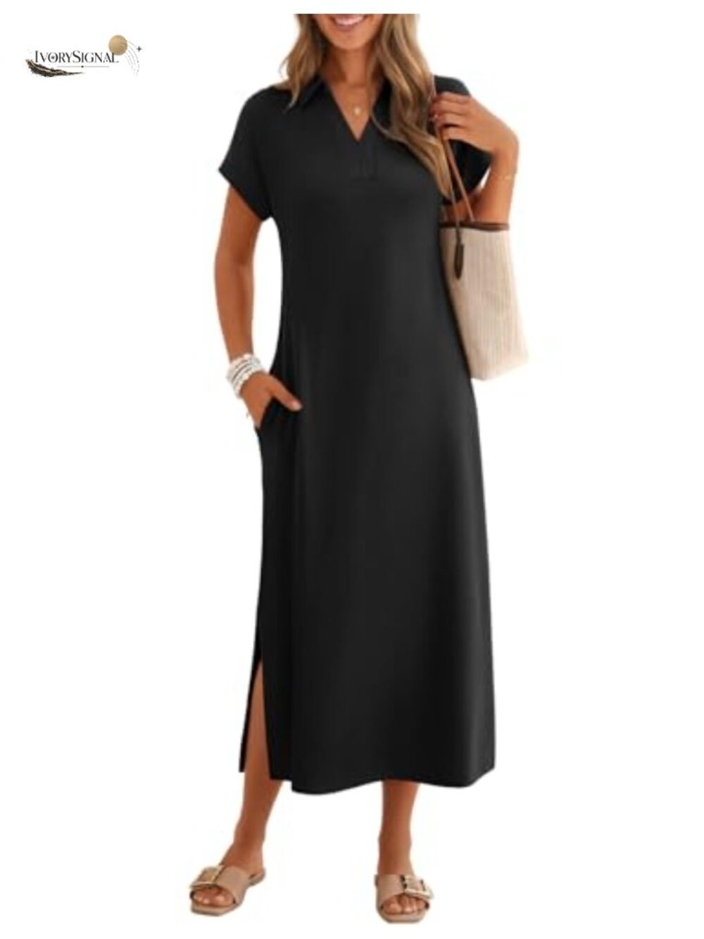 V Neck Collared Maxi Dress Cap Sleeve Side Slits Pockets Casual Beach